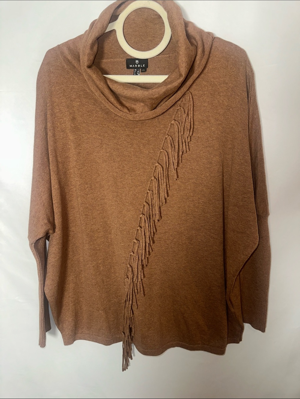 MARBLE Women's Cowl Neck Fringe Sweater - Rust Brown
